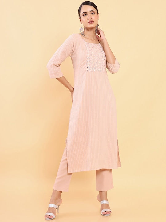 Soch Women Peach Coloured Embroidered Mirror Work Kurta with Trousers