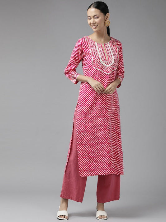 Yufta Women Pink Leheriya Printed Gotta Patti Kurta