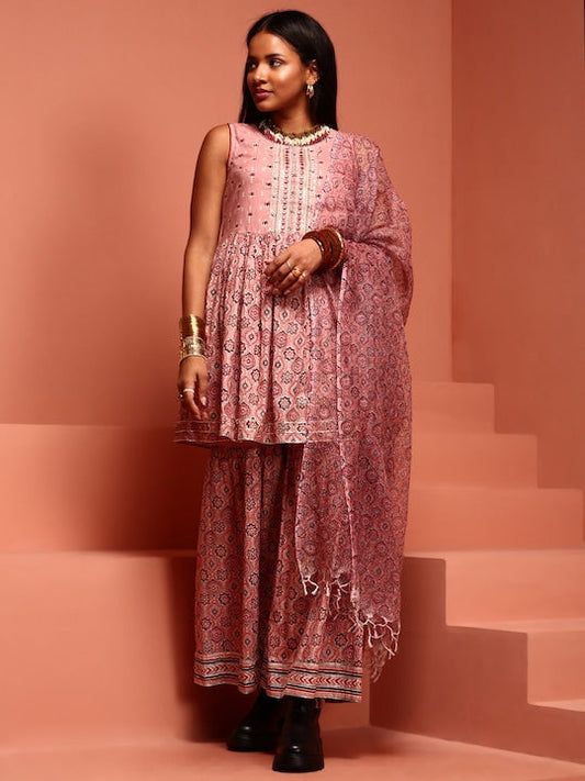 IMARA Ethnic Motifs Printed Thread Work Pure Cotton Kurta with Sharara & Dupatta