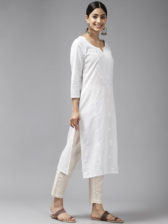 Yufta Floral Chikankari Embroidered Regular Pure Cotton Straight Kurta