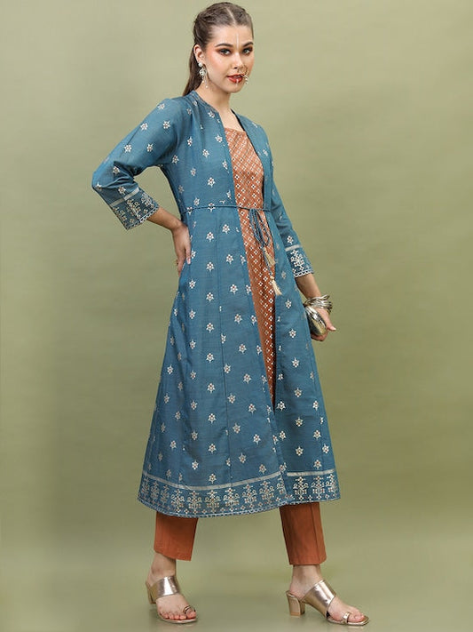 Vishudh Women Brown Floral Printed A-Line Kurta with Trouser and Teal Blue Jacket