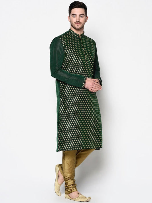 Deyann Men Green & Golden Floral Thread Work Floral Mandarin Collar Kurta