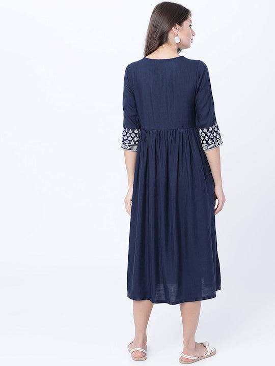 Vishudh Women Navy Blue Printed Fit and Flare Dress