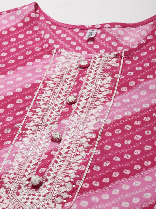 Yufta Women Pink & White Striped Embroidered Kurta