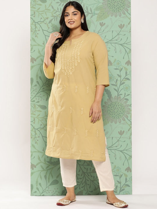 Yufta Plus Size Floral Embroidered Chikankari Pure Cotton Kurta