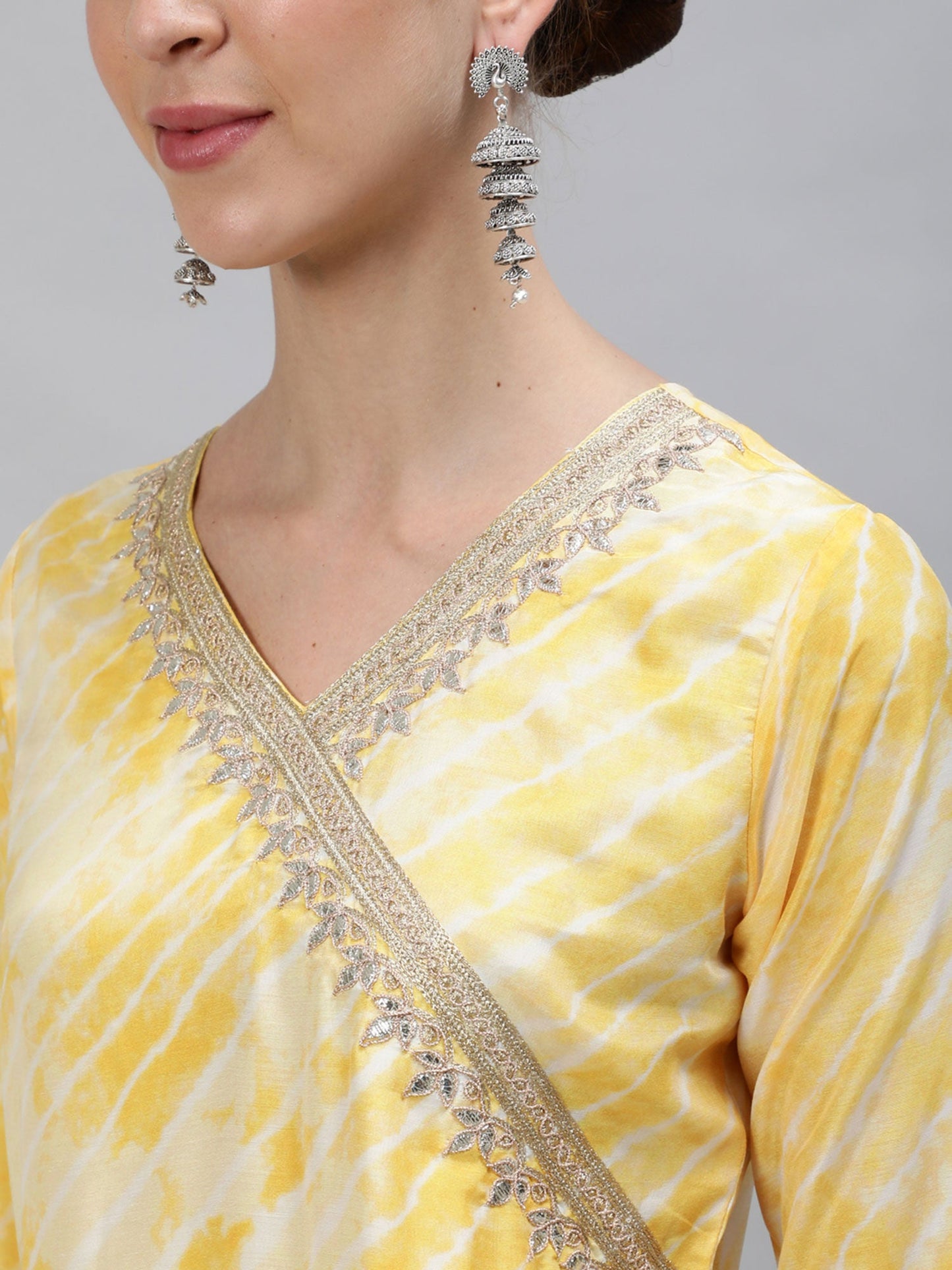 ISHIN womens Yellow Zari Embroidered Tie & Dye Anarkali Kurta Trouser Dupatta (Set of 3)