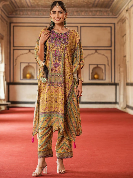 SCAKHI Ethnic Motifs Printed Beads & Stones Kaftan Kurta With Palazzos
