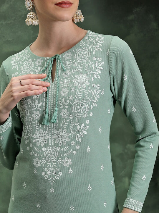 Vishudh Green Floral Woven Design Thread Work Tie-Up Neck Straight Kurta