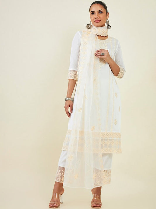 Soch Floral Embroidered Chanderi Silk Kurta with Palazzos & Dupatta - S