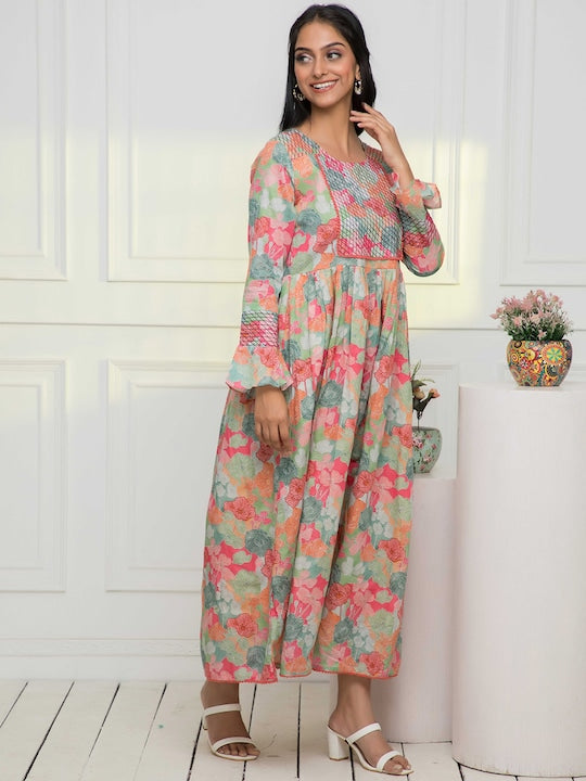 Myshka Floral Printed Bell Sleeves Anarkali Kurta