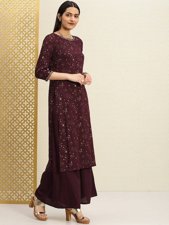 House of Pataudi Women Burgundy Printed Kurta with Trousers