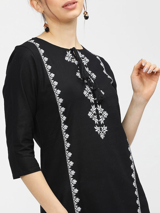 Vishudh Women Black & White Ethnic Motifs Printed Cotton Kurta