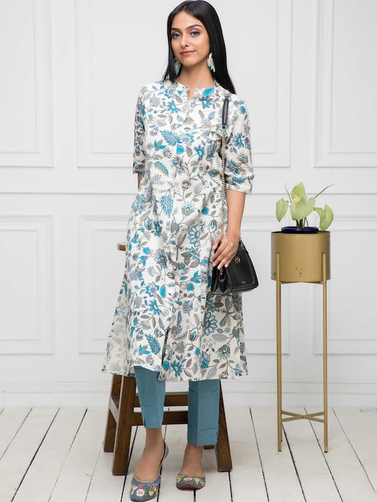 Myshka Floral Printed Mandarin Collar Cotton Kurta