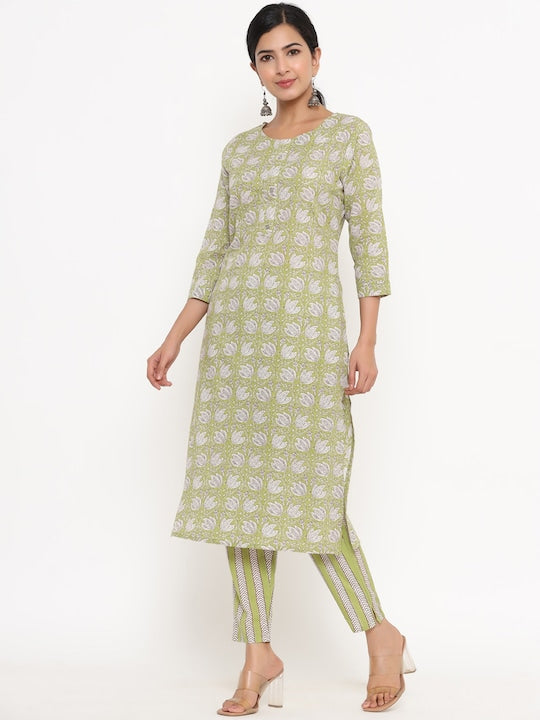 Yufta Green Floral Printed Pure Cotton Kurta with Trousers