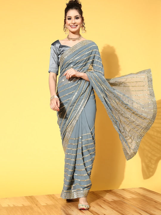 Here&now Striped Pure Georgette Saree with Embroidered Border
