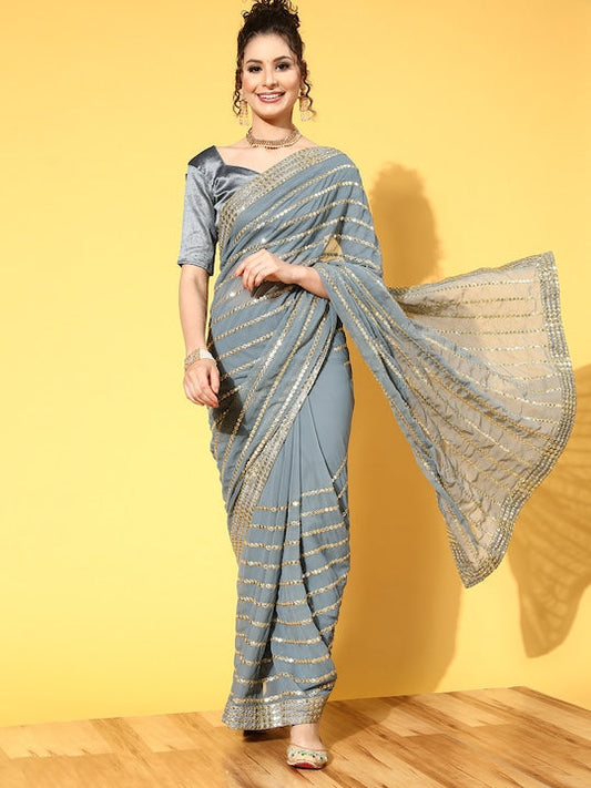 Here&now Striped Pure Georgette Saree with Embroidered Border