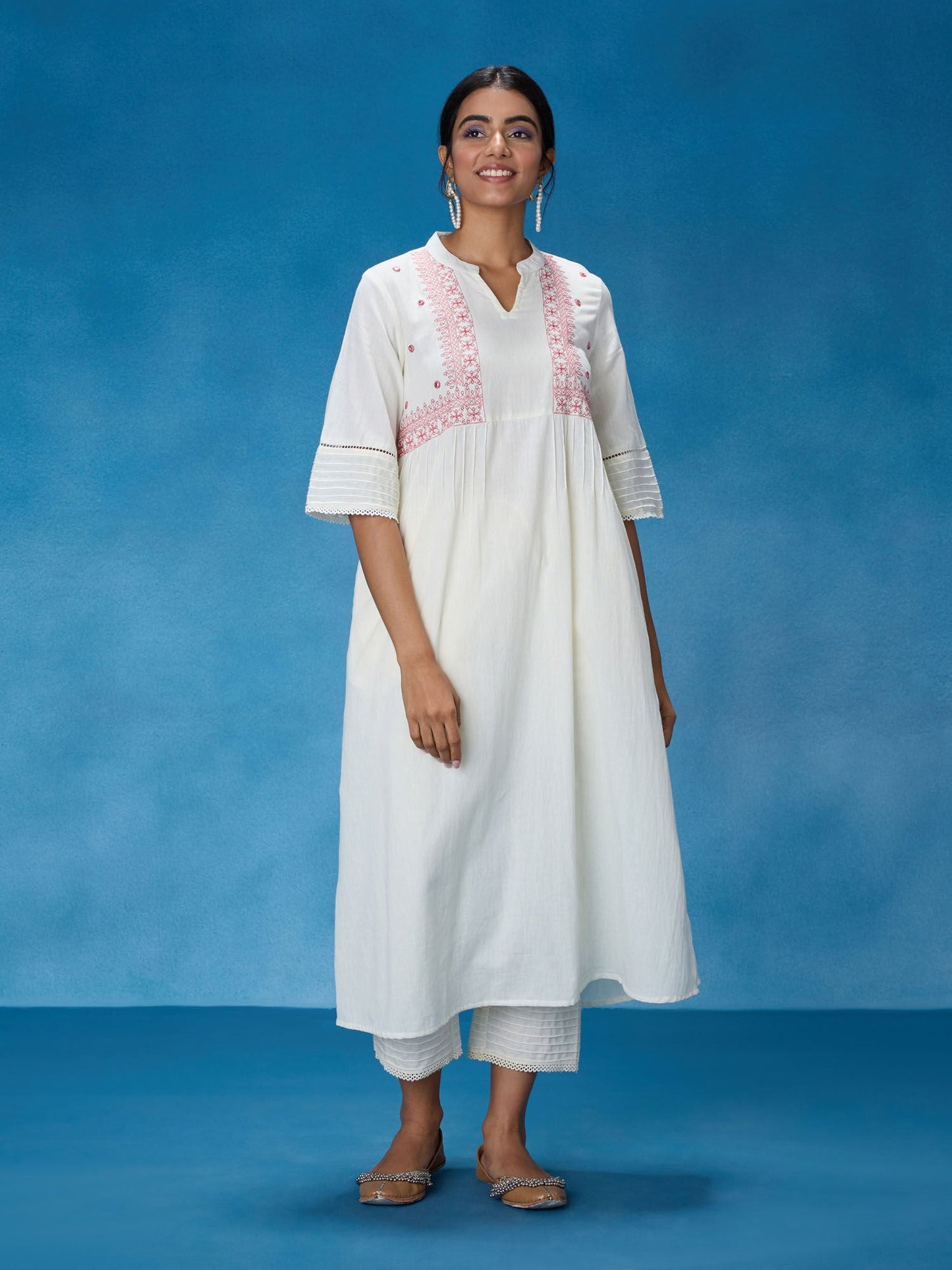 Likha White and Pink Chintz Floral Flared Solid Co-ord Set LIKSKD320 (Set of 2)