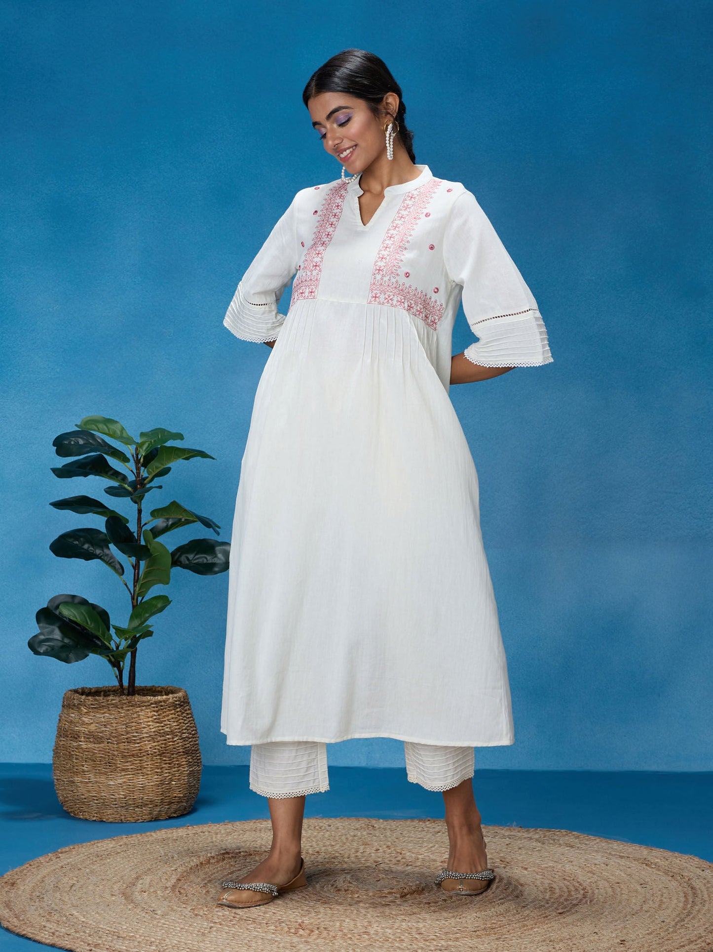 Likha White and Pink Chintz Floral Flared Solid Co-ord Set LIKSKD320 (Set of 2)