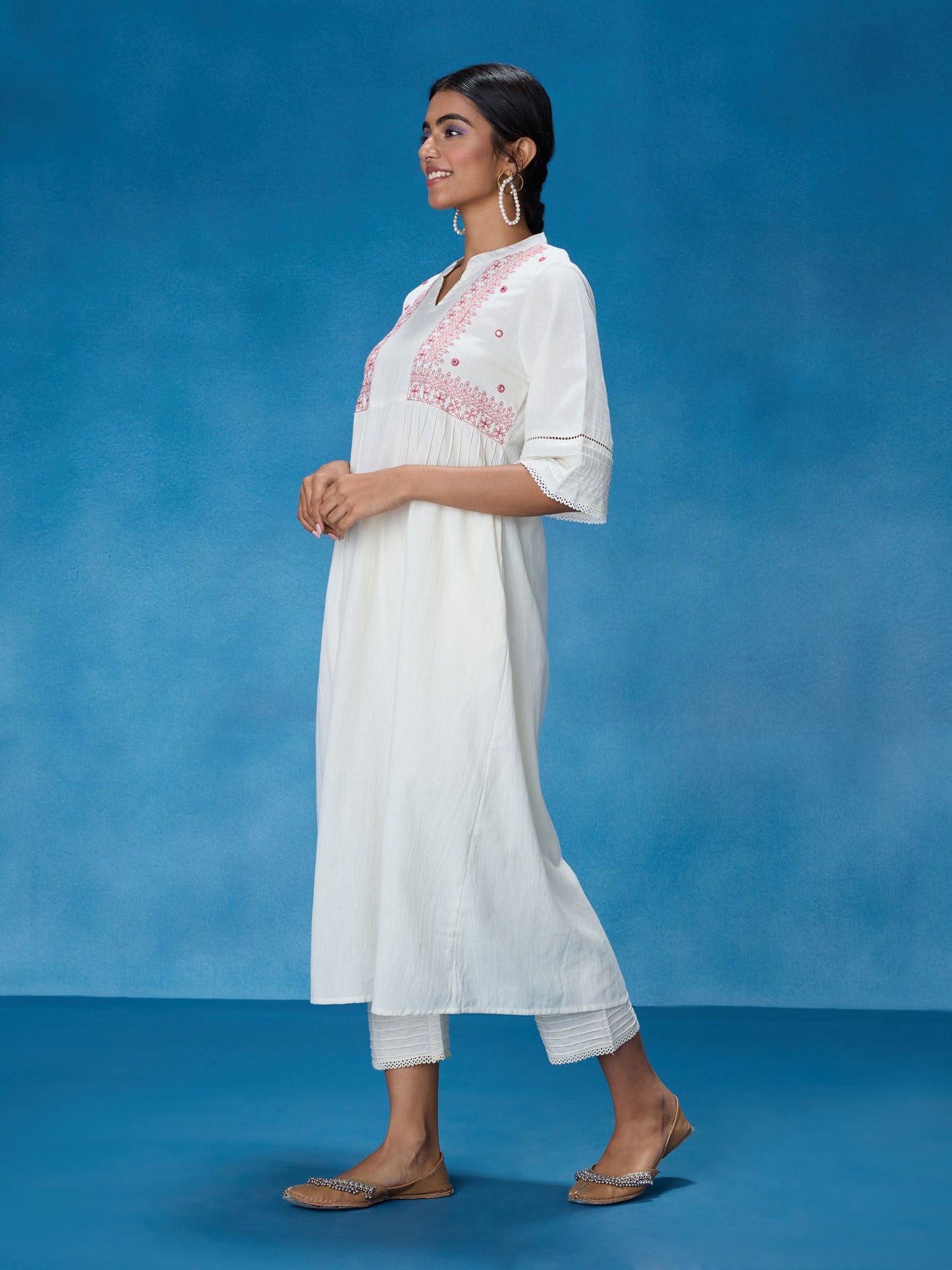 Likha White and Pink Chintz Floral Flared Solid Co-ord Set LIKSKD320 (Set of 2)