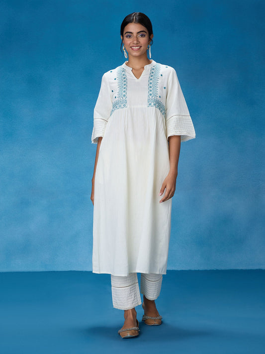 Likha White and Blue Chintz Floral Flared Solid Co-ord Set LIKSKD320 (Set of 2)