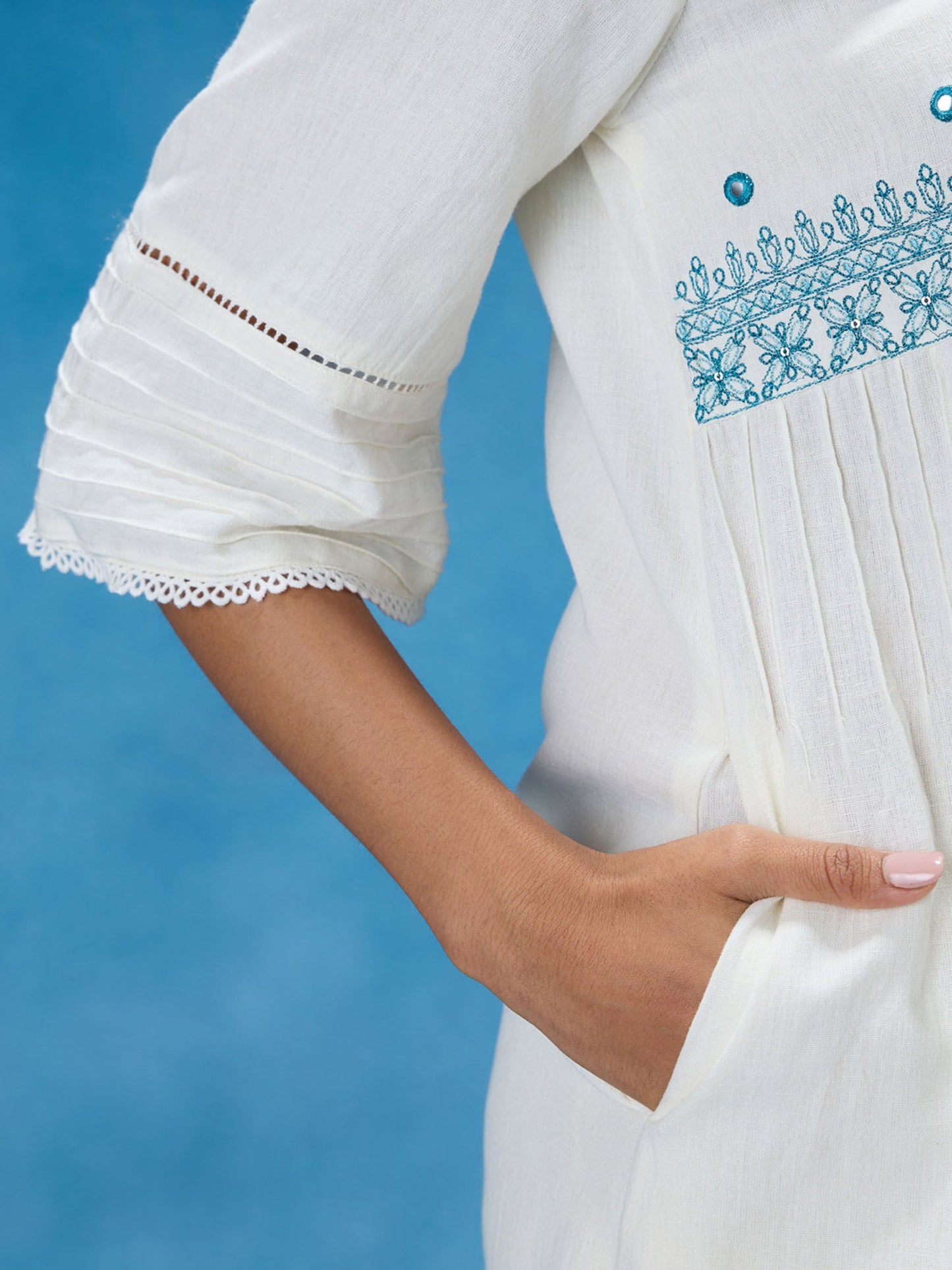 Likha White and Blue Chintz Floral Flared Solid Co-ord Set LIKSKD320 (Set of 2)