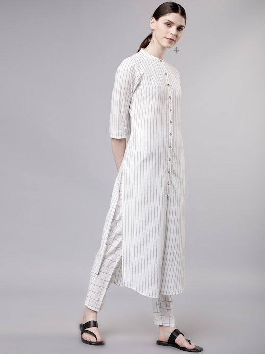 Vishudh Women Off-White & Blue Striped Kurta with Trousers