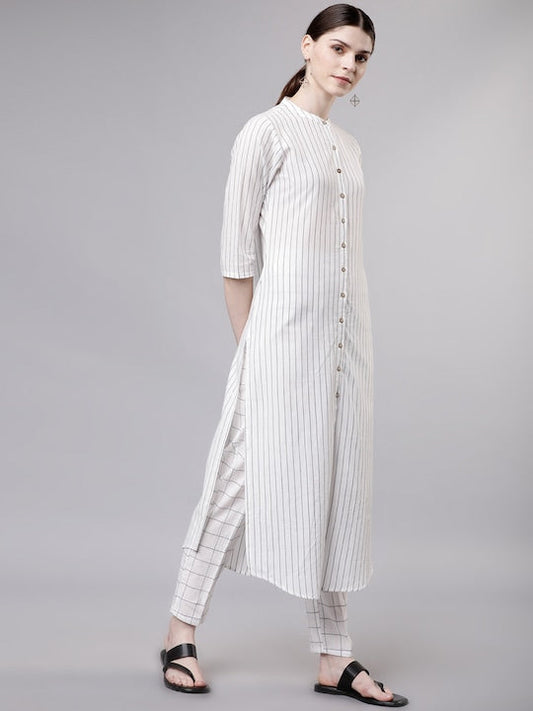 Vishudh Women Off-White & Blue Striped Kurta with Trousers