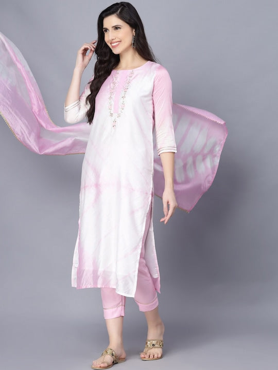 Myshka Women Pink Floral Yoke Design Kurta with Trousers & With Dupatta