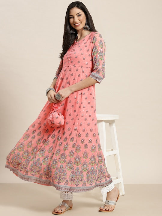 Juniper Women Pink Floral Printed Georgette Anarkali Kurta