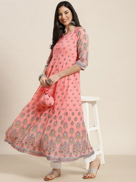 Juniper Women Pink Floral Printed Georgette Anarkali Kurta