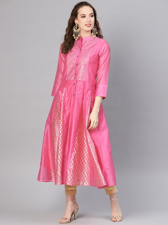 Juniper Women Pink & Golden Foil Printed Layered Anarkali Kurta