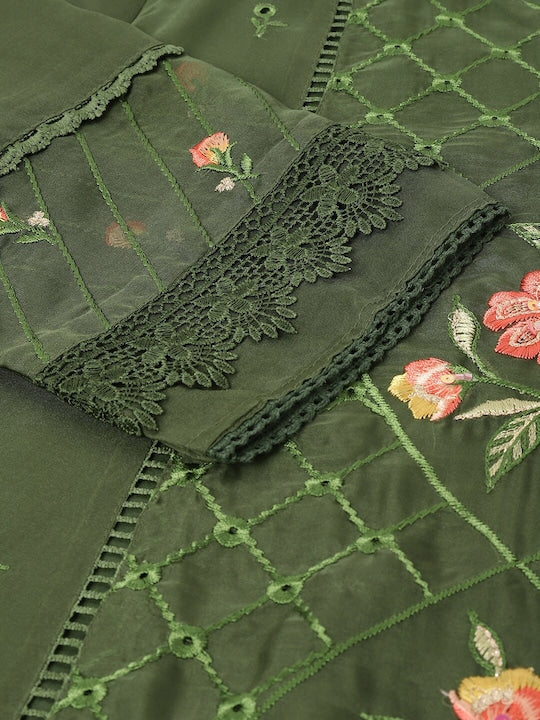 Fabmora Women Floral Embroidered Regular Kurta with Trousers & With Dupatta