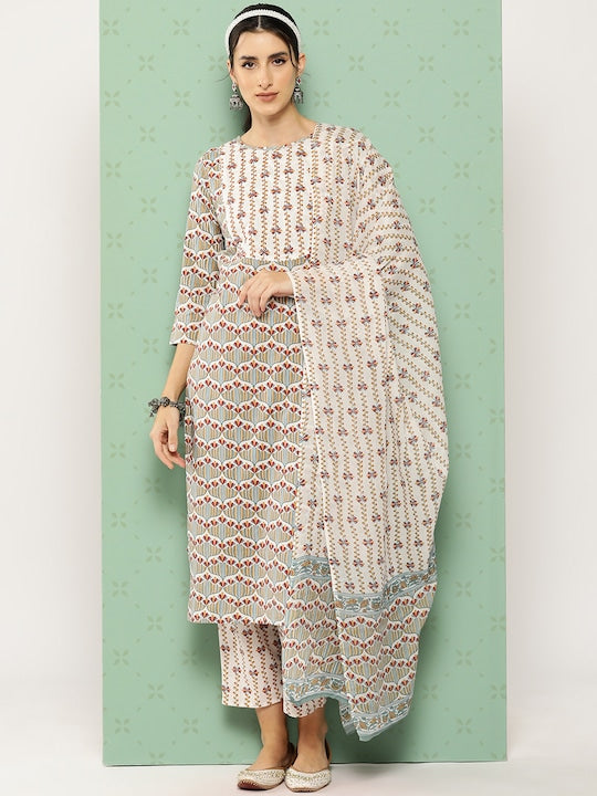 Yufta Women Ethnic Motifs Printed Regular Pure Cotton Kurta with Trousers & With Dupatta