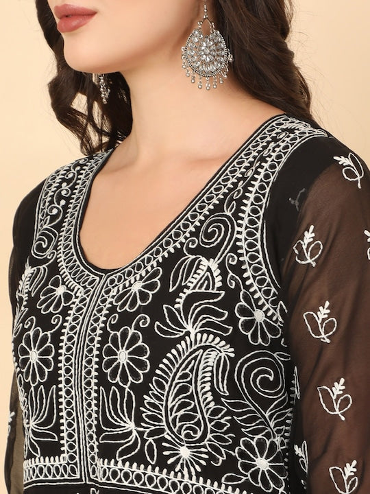 Here&now Women Chikankari Embroidered Thread Work Georgette Anarkali Kurta