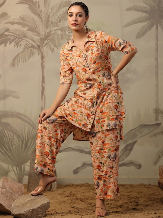 SCAKHI Absatrct Printed Shirt Collar High Low Hem Kurti With Palazzos