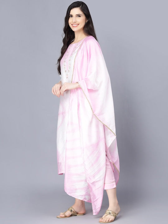 Myshka Women Pink Floral Yoke Design Kurta with Trousers & With Dupatta