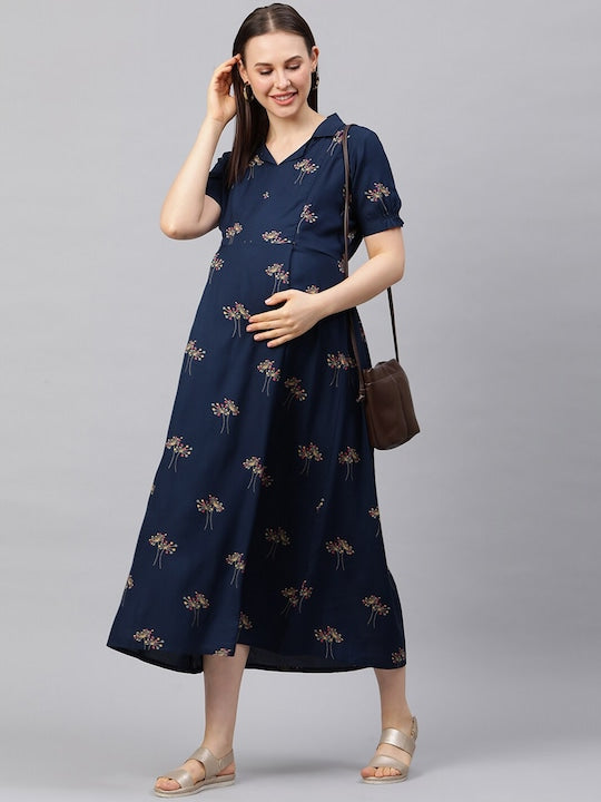 MomToBe Women Navy Blue Printed A-Line Midi Maternity Nursing Dress