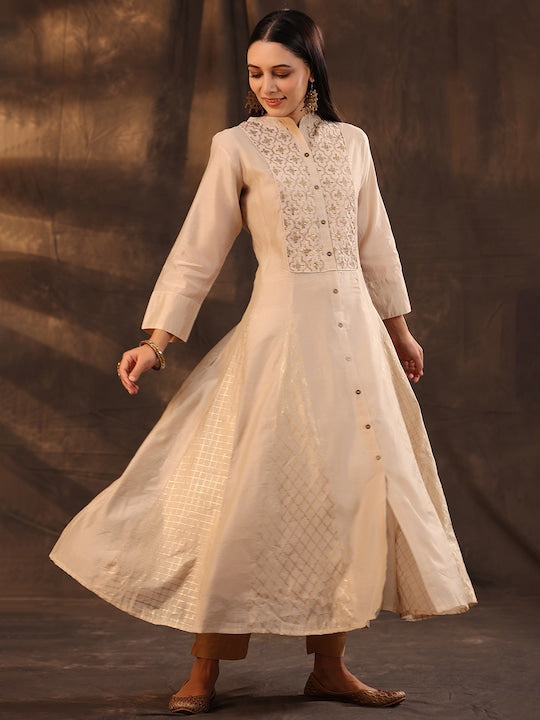 Juniper Women Beige & Golden Foil Print Layered Anarkali Kurta