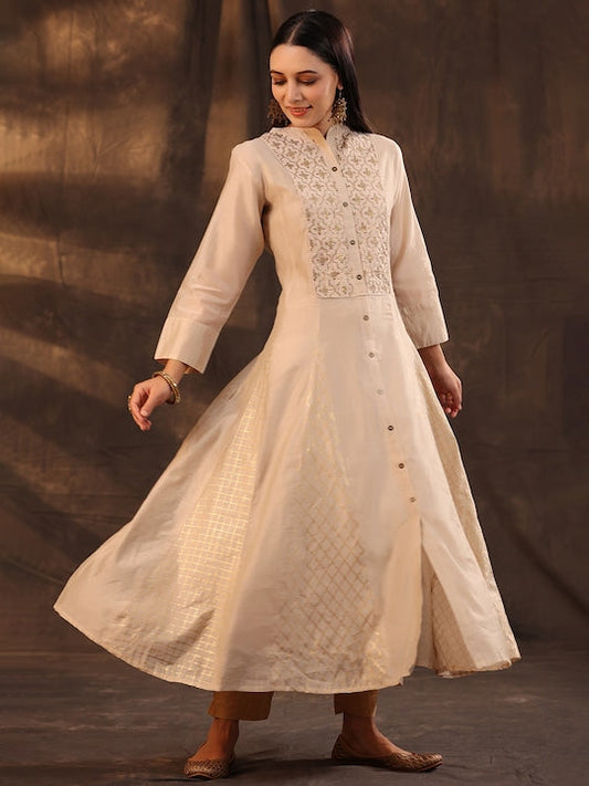 Juniper Women Beige & Golden Foil Print Layered Anarkali Kurta