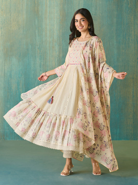 Likha Off White Schiffli Mirror Work Anarkali Set and Dupatta LIKSKD166 (Set of 3)