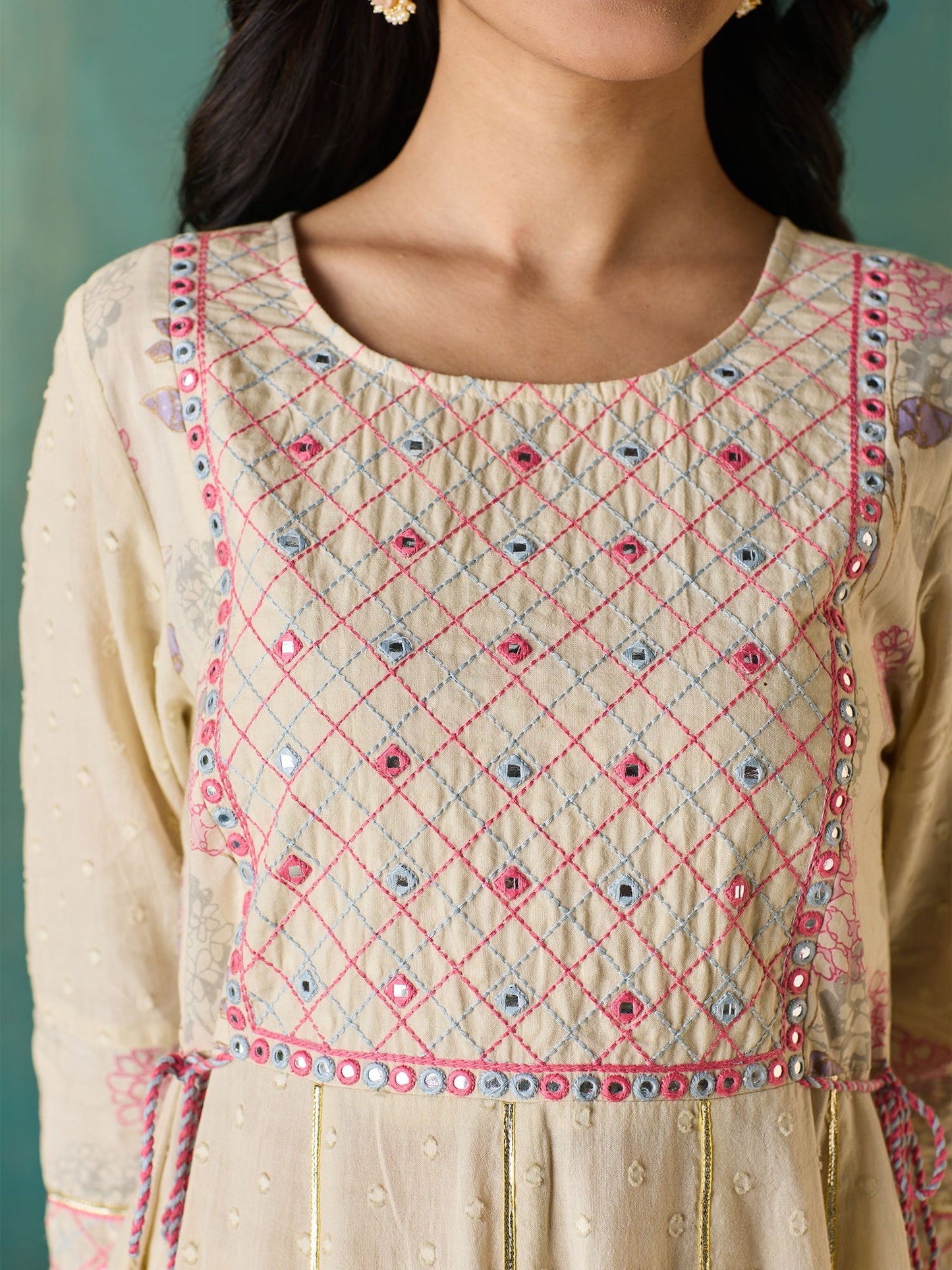 Likha Off White Schiffli Mirror Work Anarkali Set and Dupatta LIKSKD166 (Set of 3)