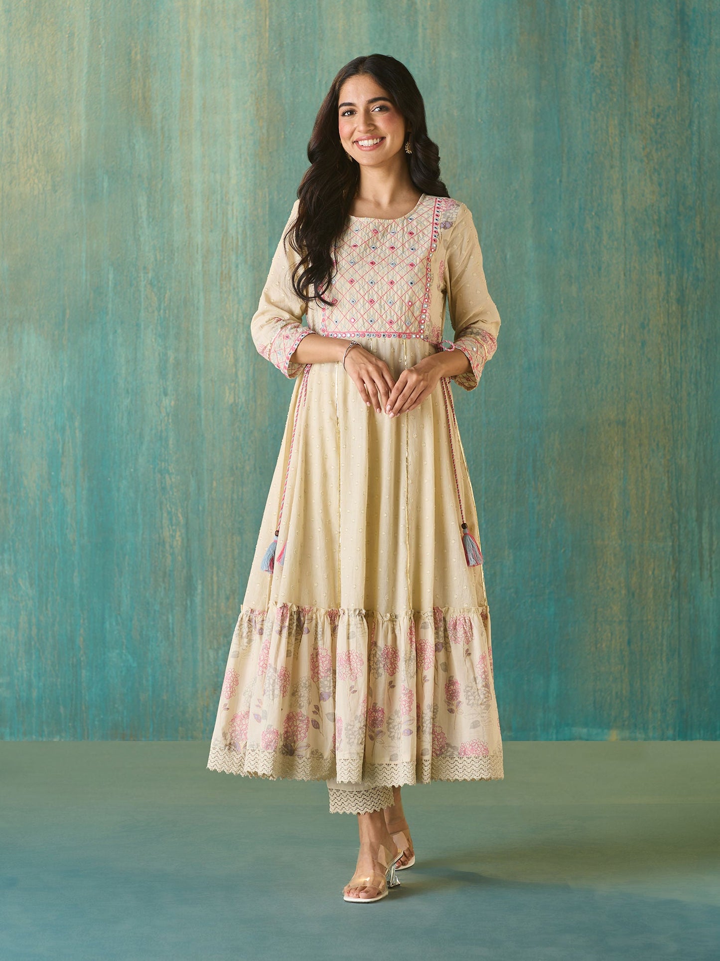 Likha Off White Schiffli Mirror Work Anarkali Set and Dupatta LIKSKD166 (Set of 3)