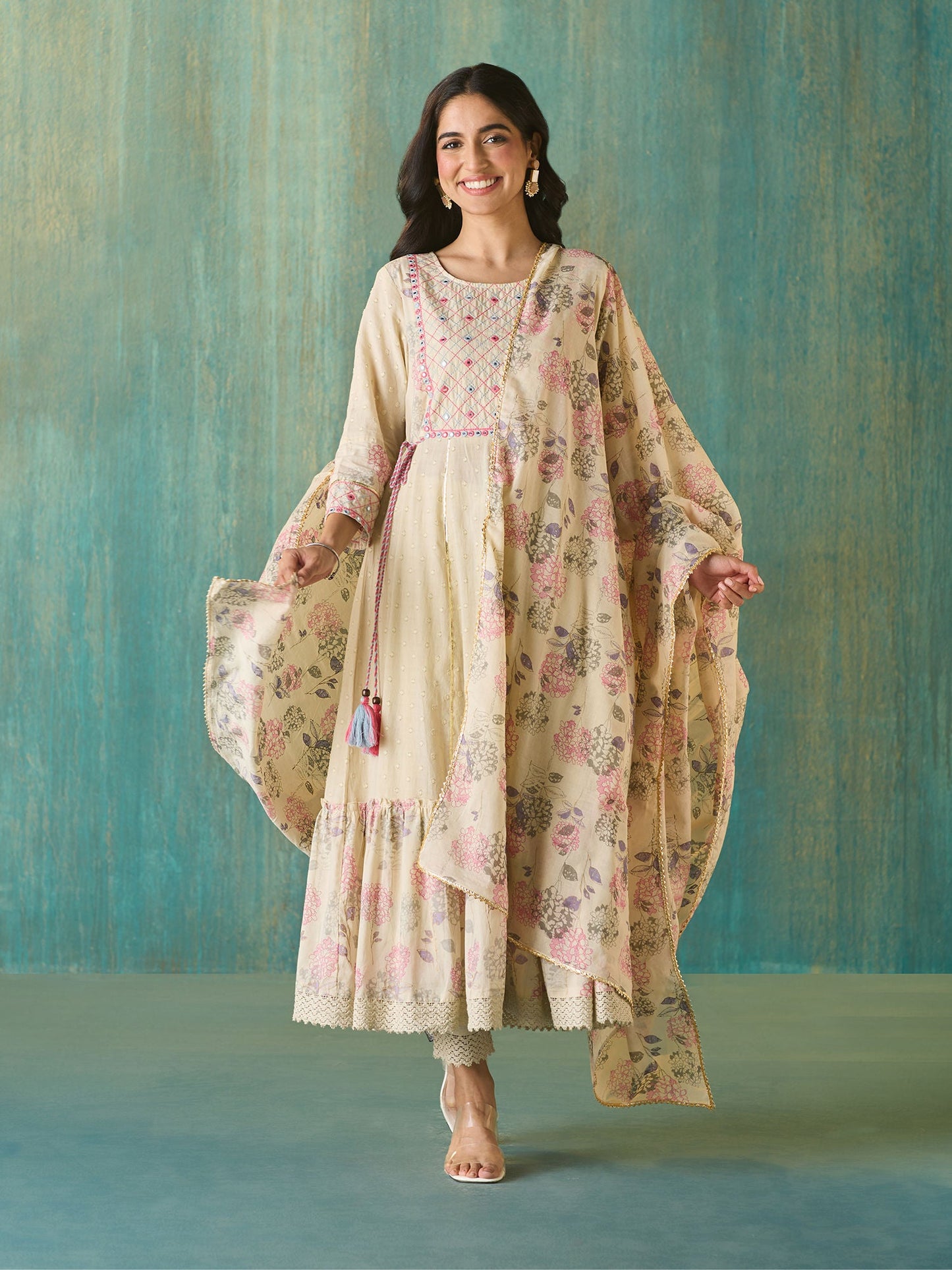 Likha Off White Schiffli Mirror Work Anarkali Set and Dupatta LIKSKD166 (Set of 3)