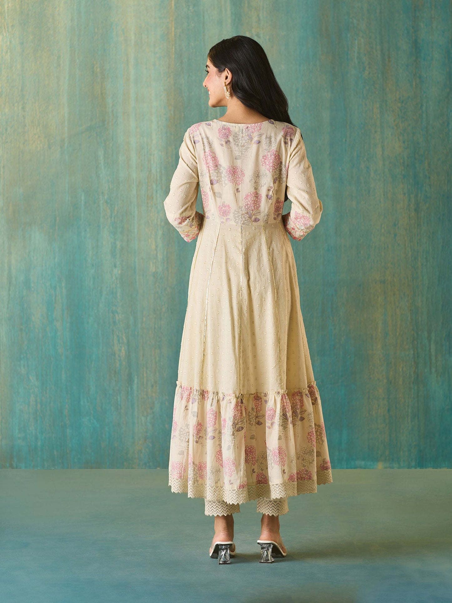 Likha Off White Schiffli Mirror Work Anarkali Set and Dupatta LIKSKD166 (Set of 3)