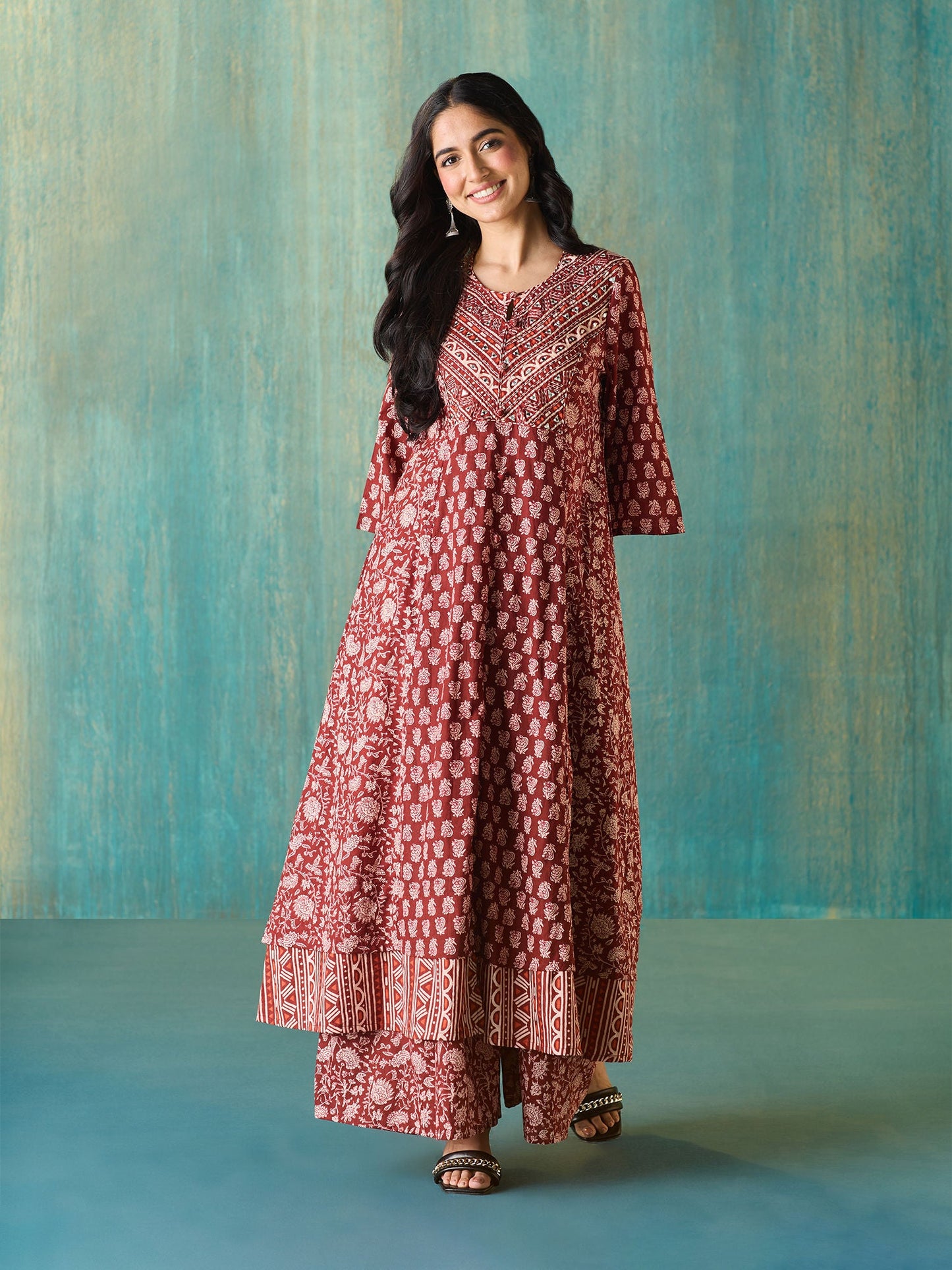 Likha Maroon- Rustic Printed Flared Co-ord Set LIKSKD135 (Set of 2)