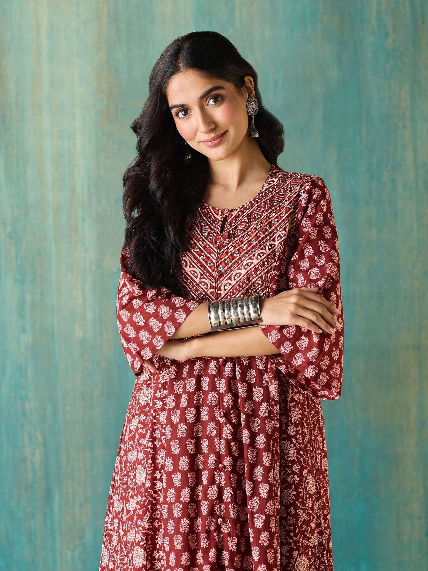Likha Maroon- Rustic Printed Flared Co-ord Set LIKSKD135 (Set of 2)