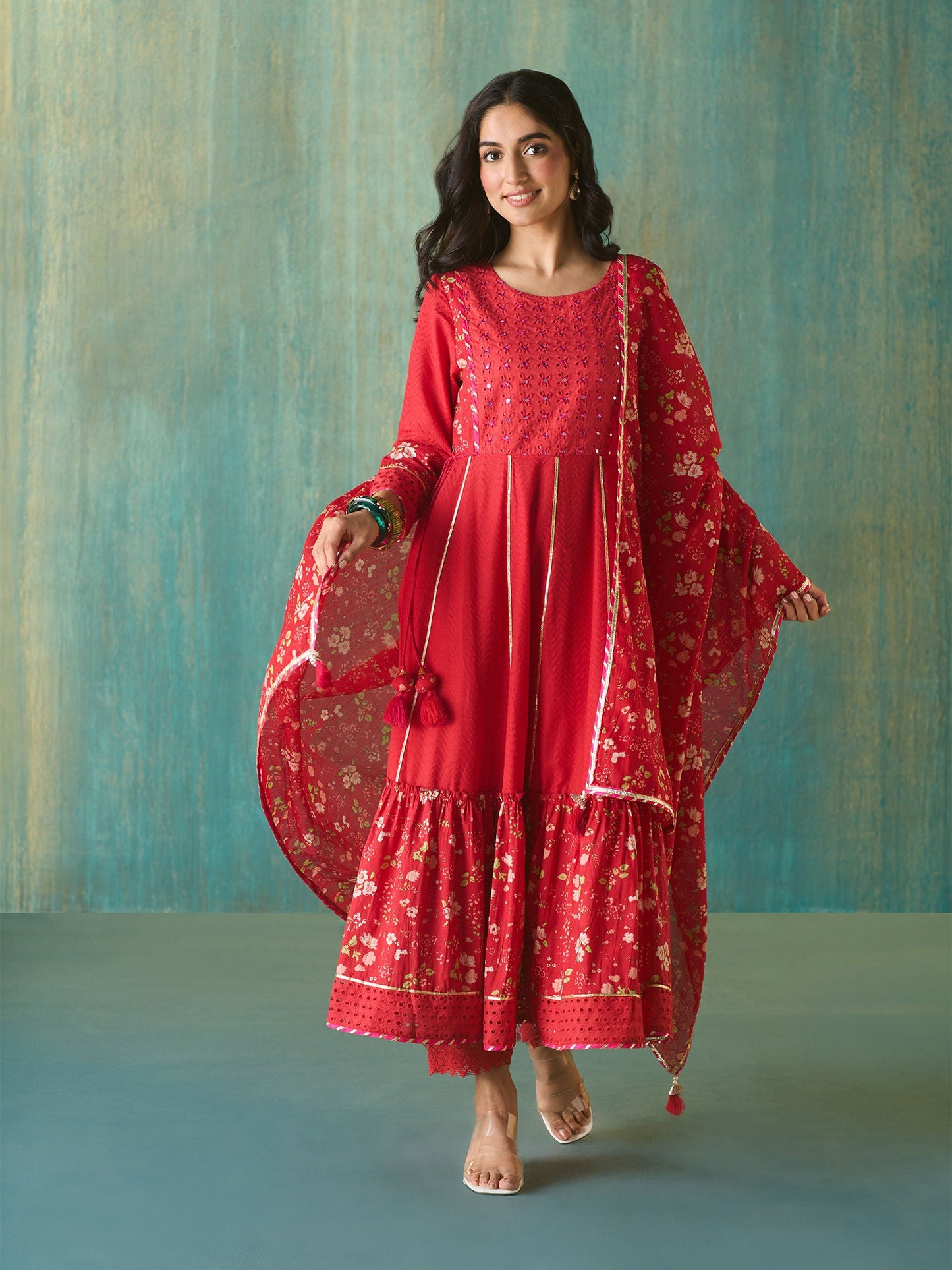 Likha Red Schiffli Mirror Work Anarkali Set and Dupatta LIKSKD166 (Set of 3)