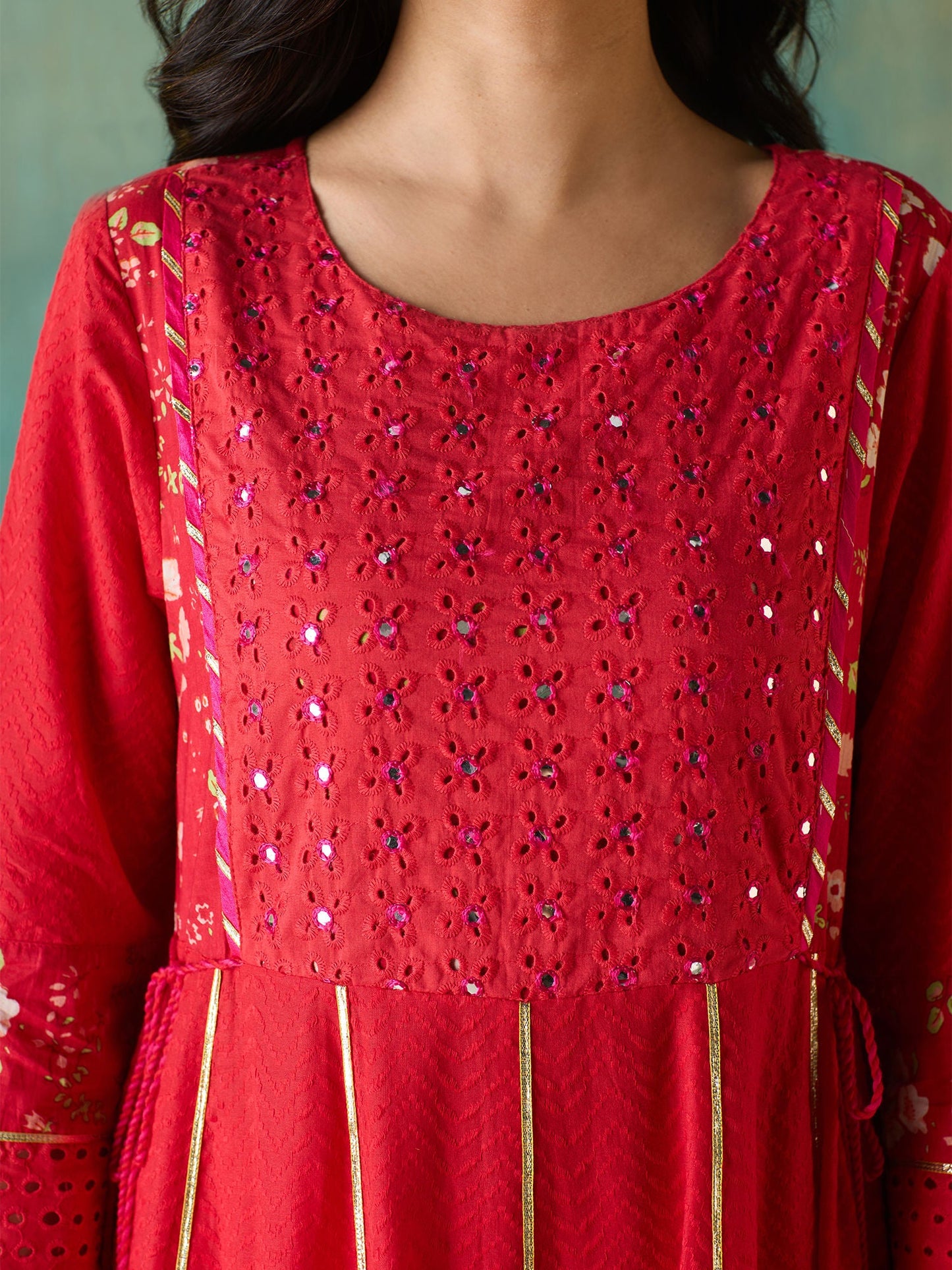 Likha Red Schiffli Mirror Work Anarkali Set and Dupatta LIKSKD166 (Set of 3)