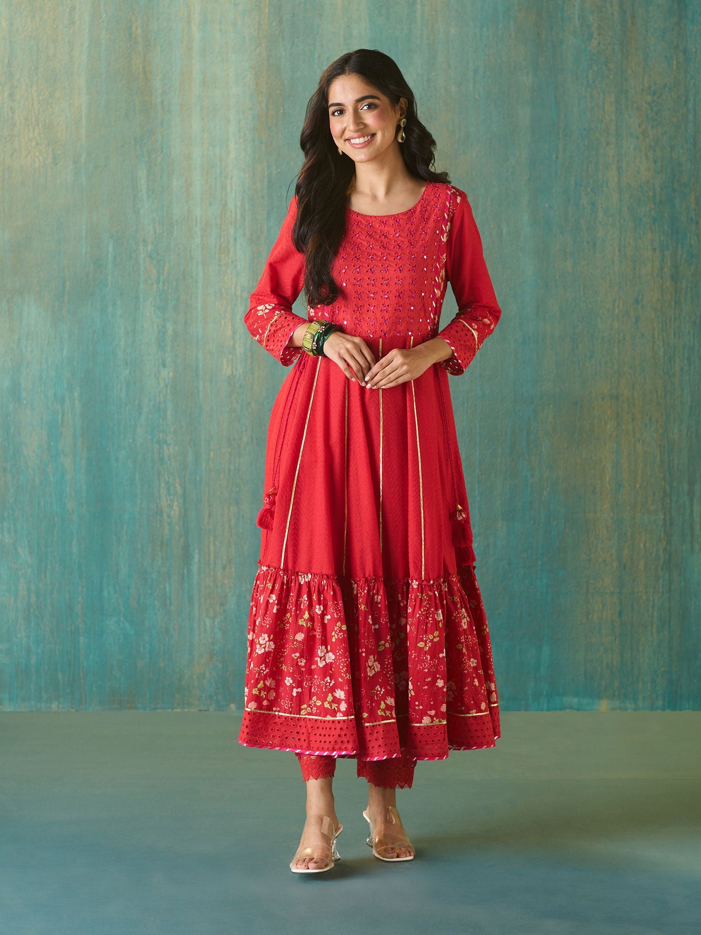 Likha Red Schiffli Mirror Work Anarkali Set and Dupatta LIKSKD166 (Set of 3)