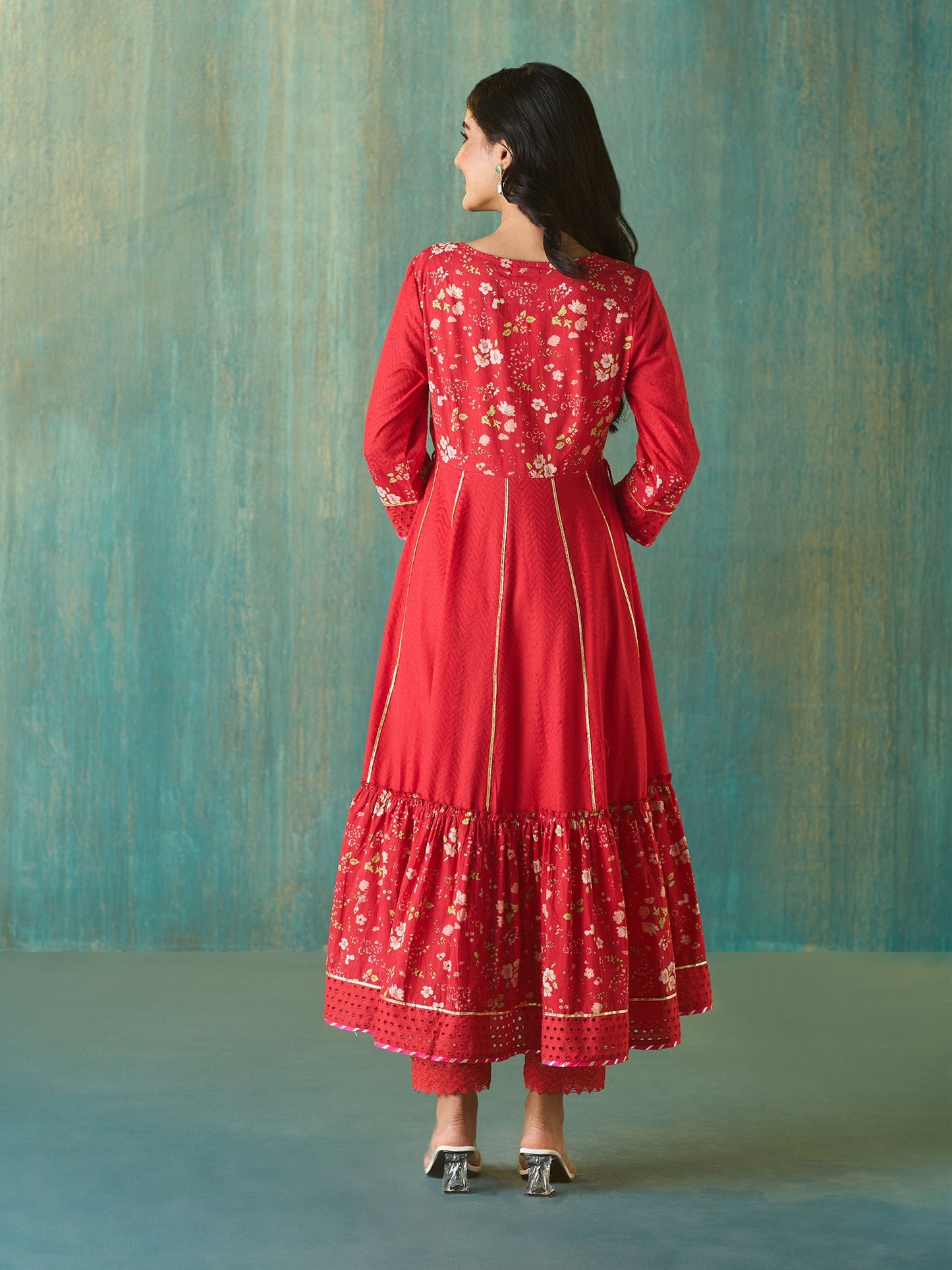 Likha Red Schiffli Mirror Work Anarkali Set and Dupatta LIKSKD166 (Set of 3)